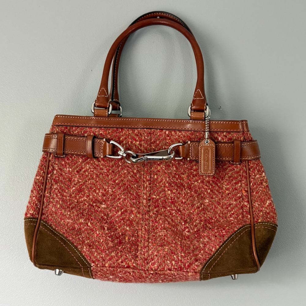 Y2K Tweed Wool Leather Trim Coach Hampton Satchel Bag F11215 Small